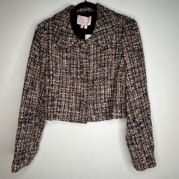 Gal Meets Glam Tweed Cropped Navy & Gold Blazer Size 18 - Picture 3 of 10